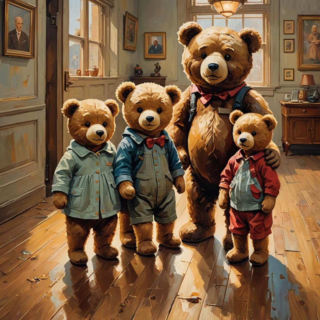 Teddy Bear Family at Art Gallery in Oil Painting Style
