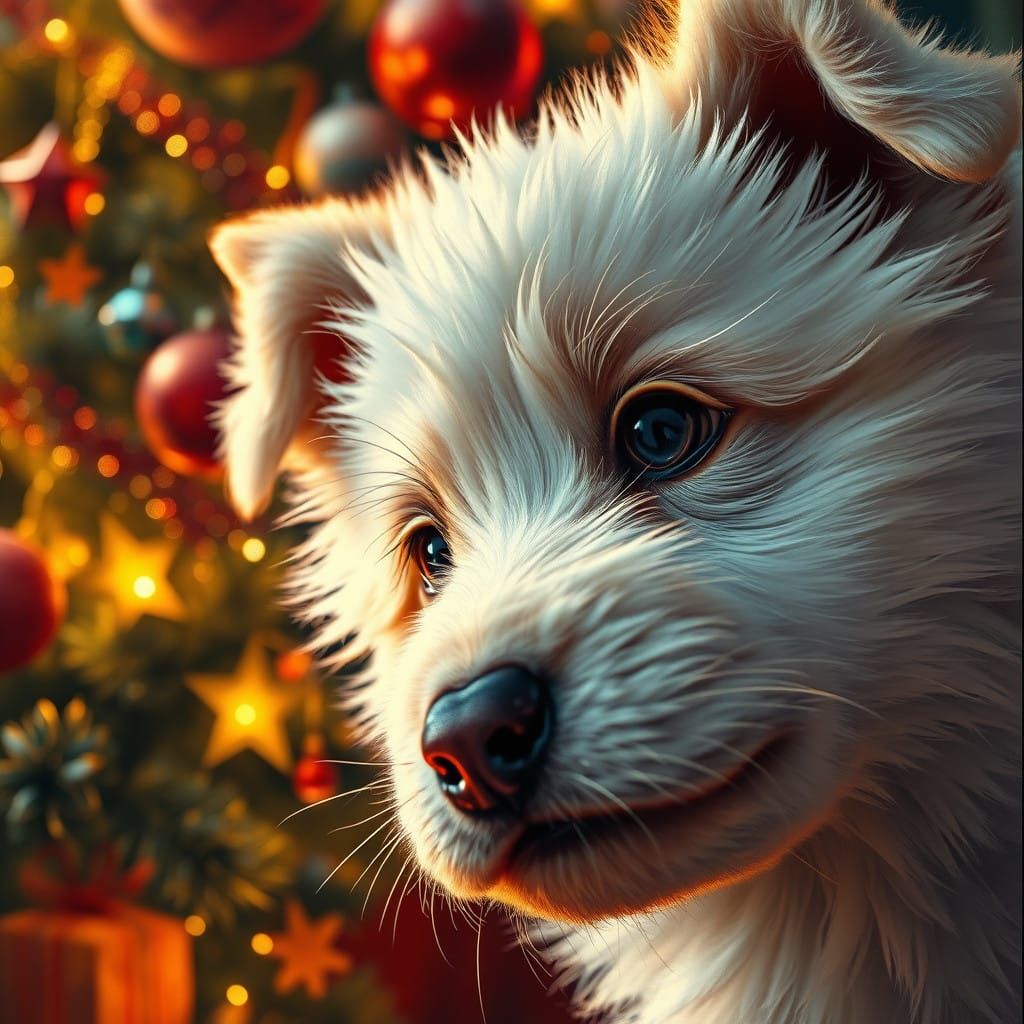 Fluffy White Dog Cub's Face in Vibrant Winter Wonderland