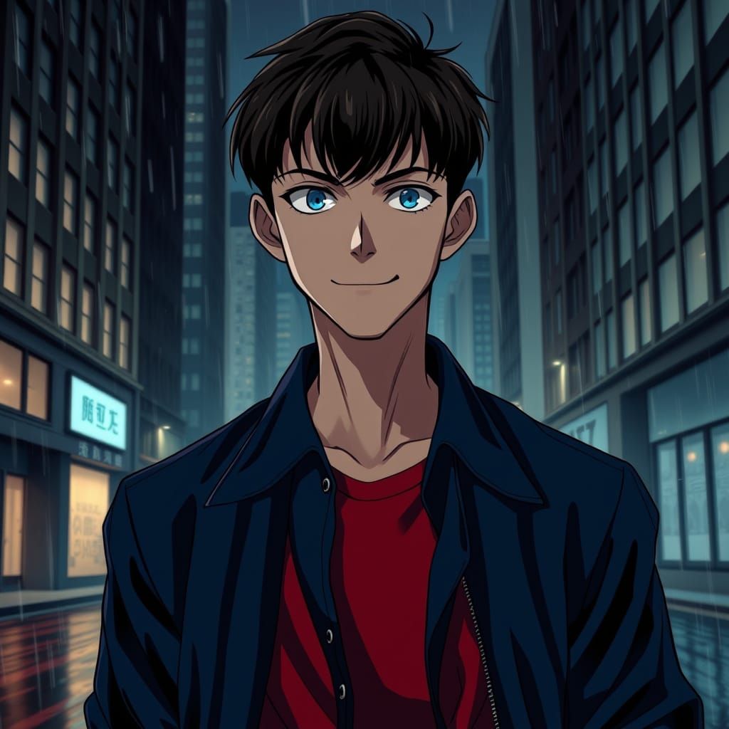 A slim man with dark brown wet shiny hair in a long combover...