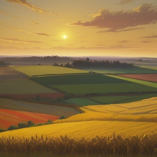 Farmer in Golden Wheat Field: Rural Landscape Painting