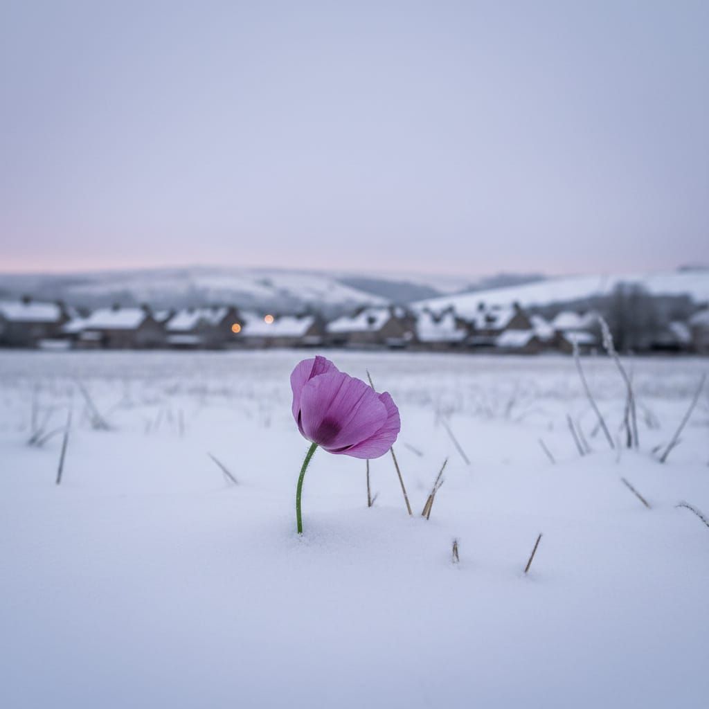 Purple Poppy in Snowy Field with Village Silhouette