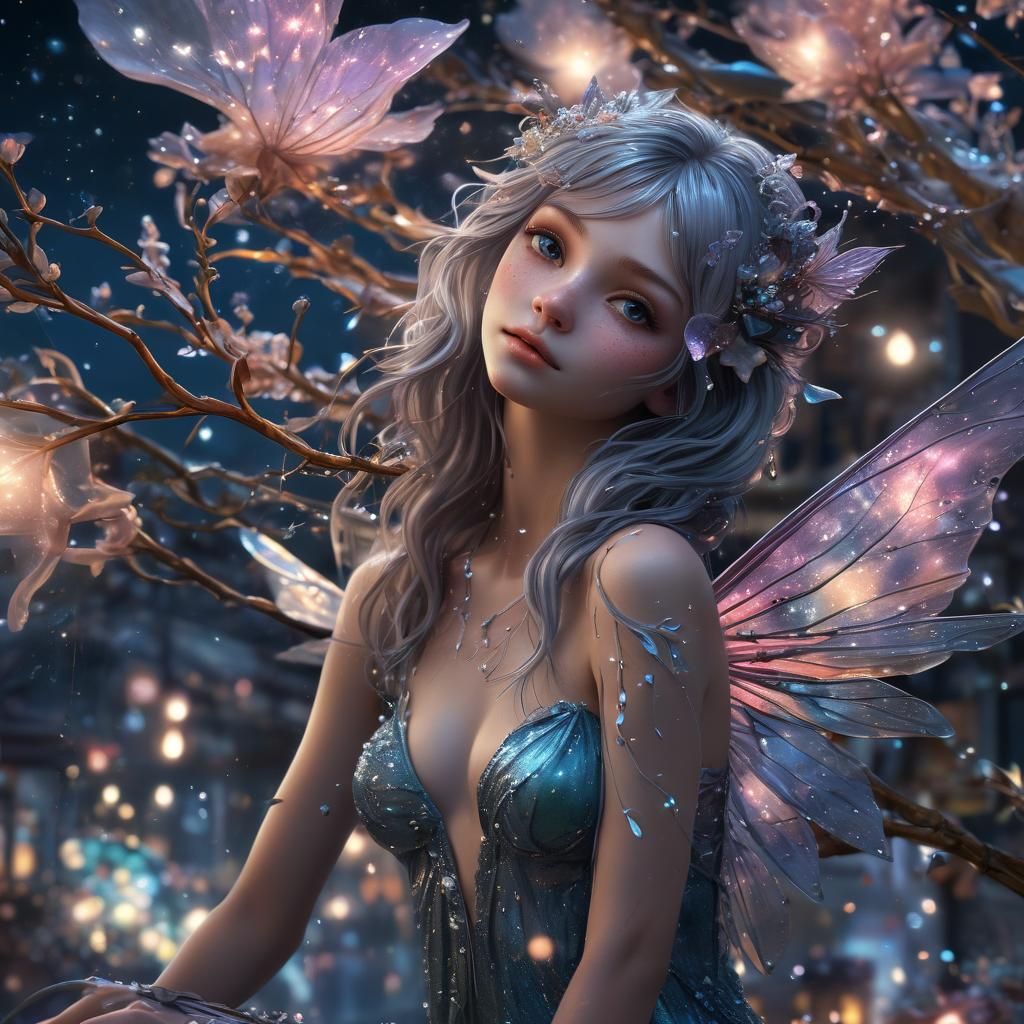 Dewdrop Fairy on Bioluminescent Flower, Hyperrealistic Art