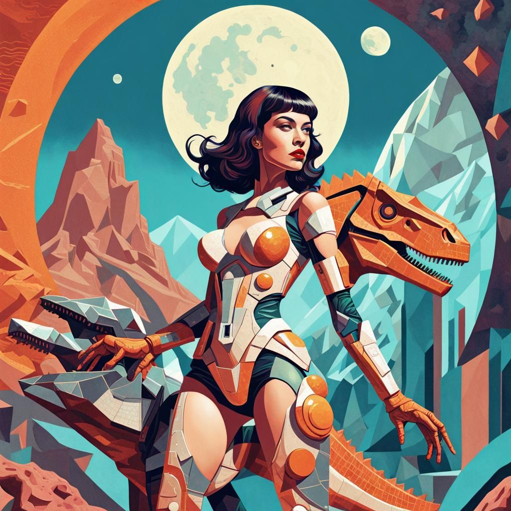 Futuristic Dinosaur Hunter in Cubist Double Exposure