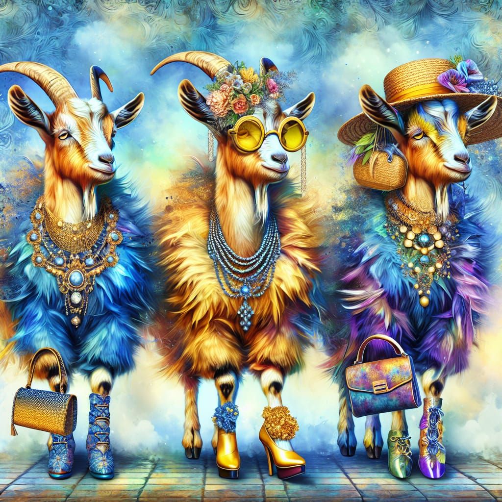 Vibrant Digital Painting of Fanciful Goats in Tropical Attir...