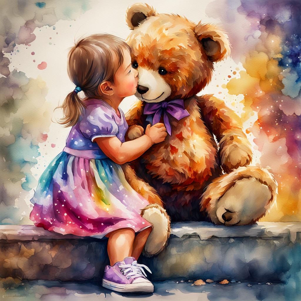 Affectionate Toddler Kisses Teddy Bear, Watercolor on Canvas