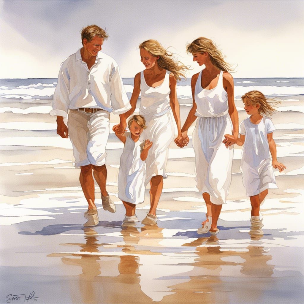 Family on Beach in Detailed Watercolor Style