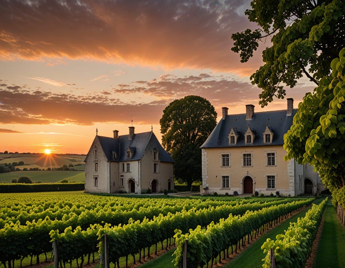 Surreal Burgundy Landscape with Medieval Manor at Sunset