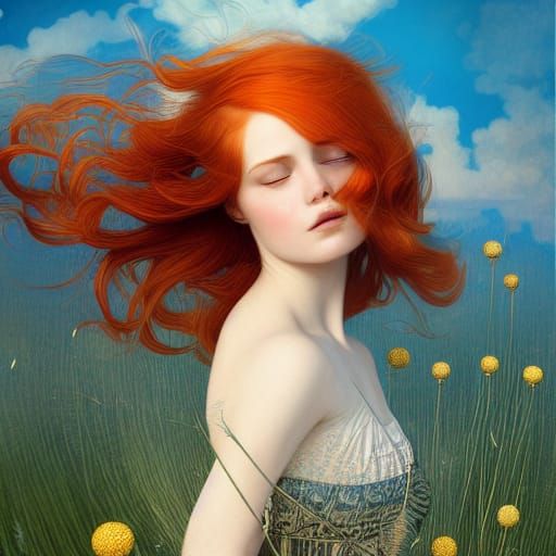 Redhead Girl with Dandelion in Hyperrealistic Portrait