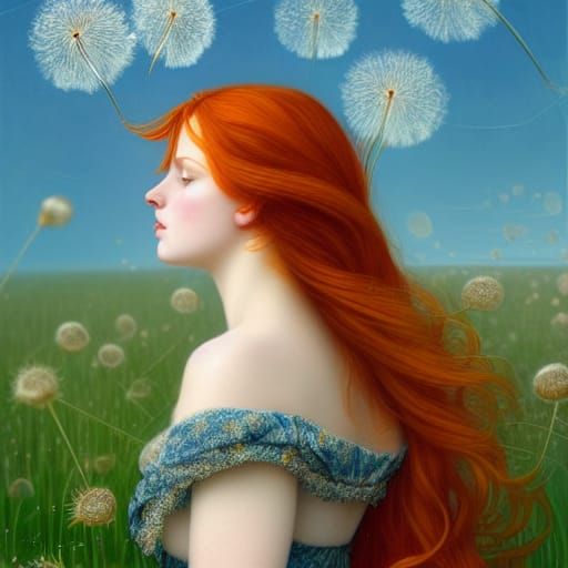 Redhead Girl with Dandelion Seeds in Art Nouveau Style