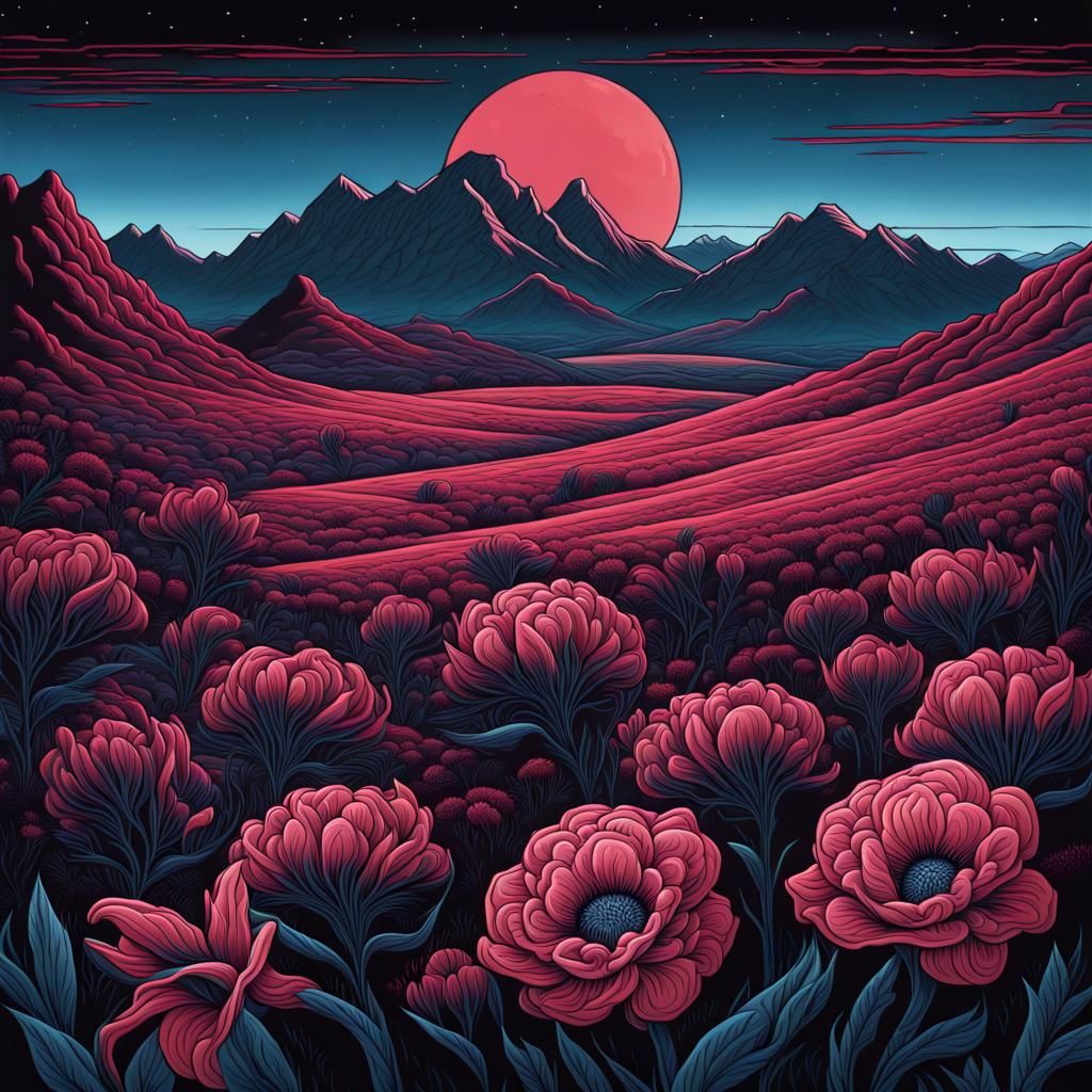 Psychedelic Desert Flower Field in Vector Graphics