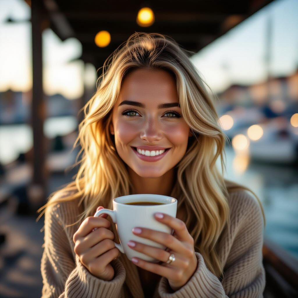 Blond Woman Enjoying Coffee at La Rochelle Harbour