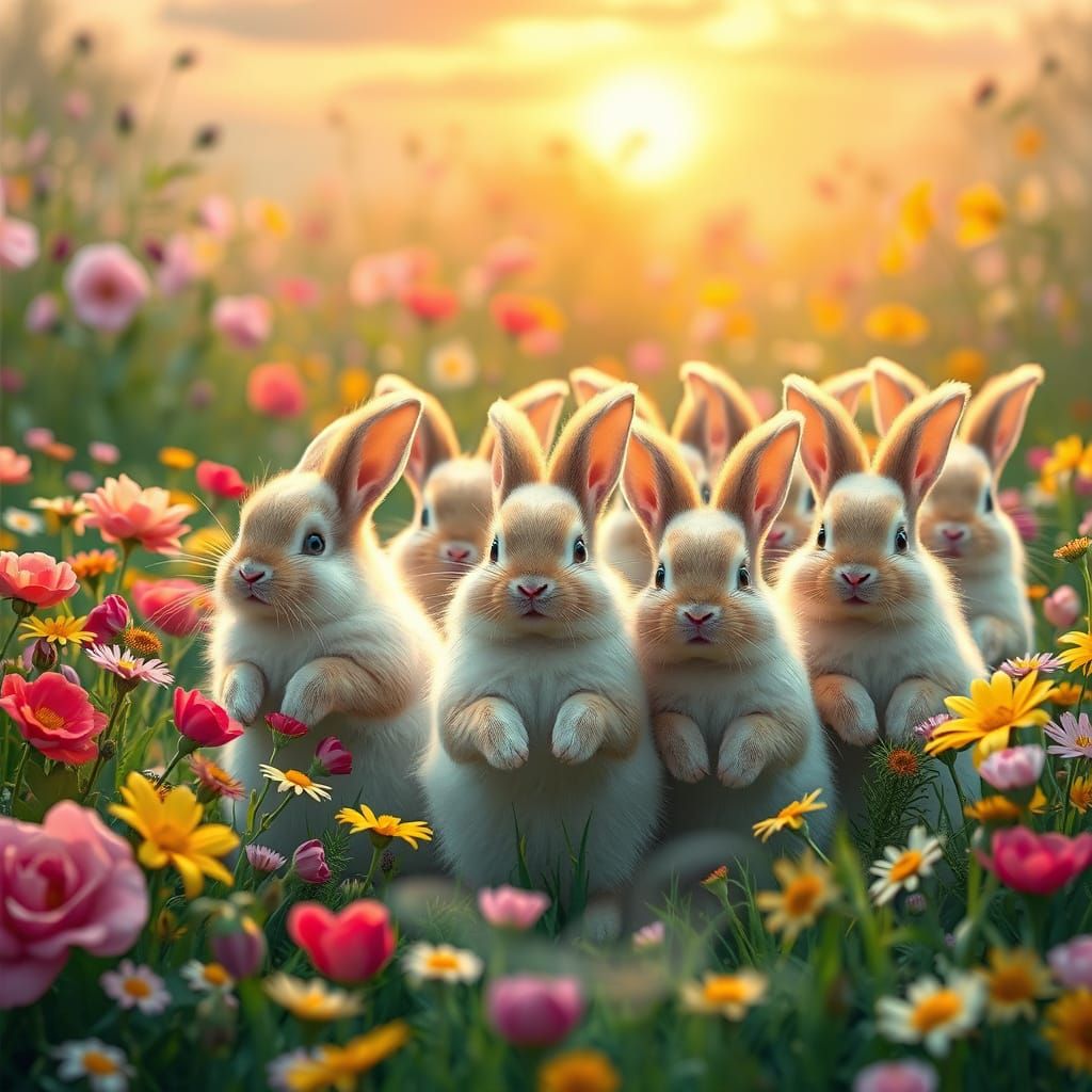 Whimsical Floral Wonderland with Adorable Fluffy Bunnies