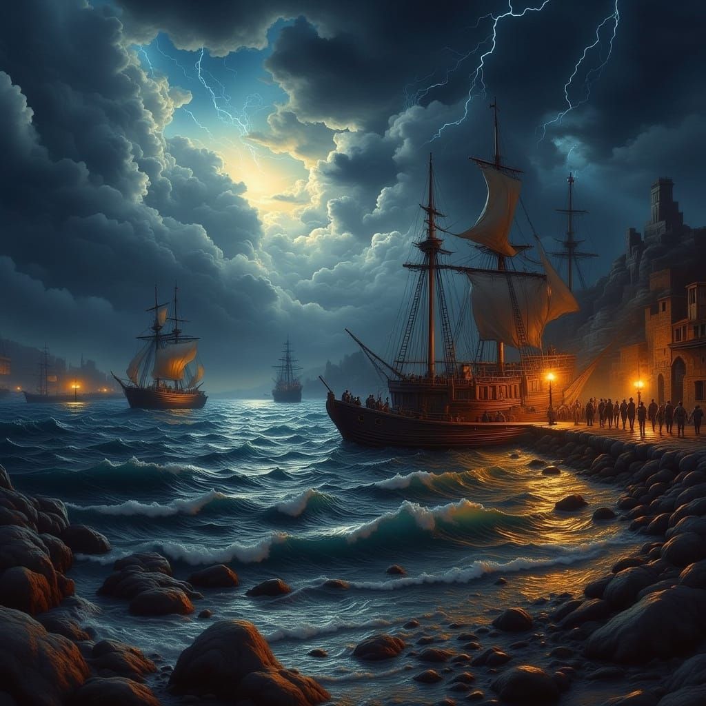 Stormy Phoenician Harbor at Night in Historical Fantasy Styl...