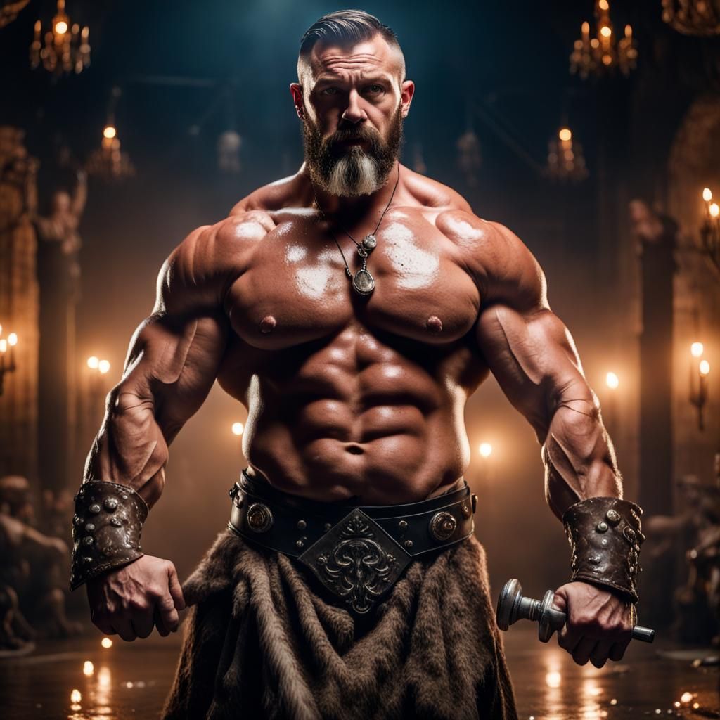 Barbarian Bodybuilder in Dim Fairy Tale Scene