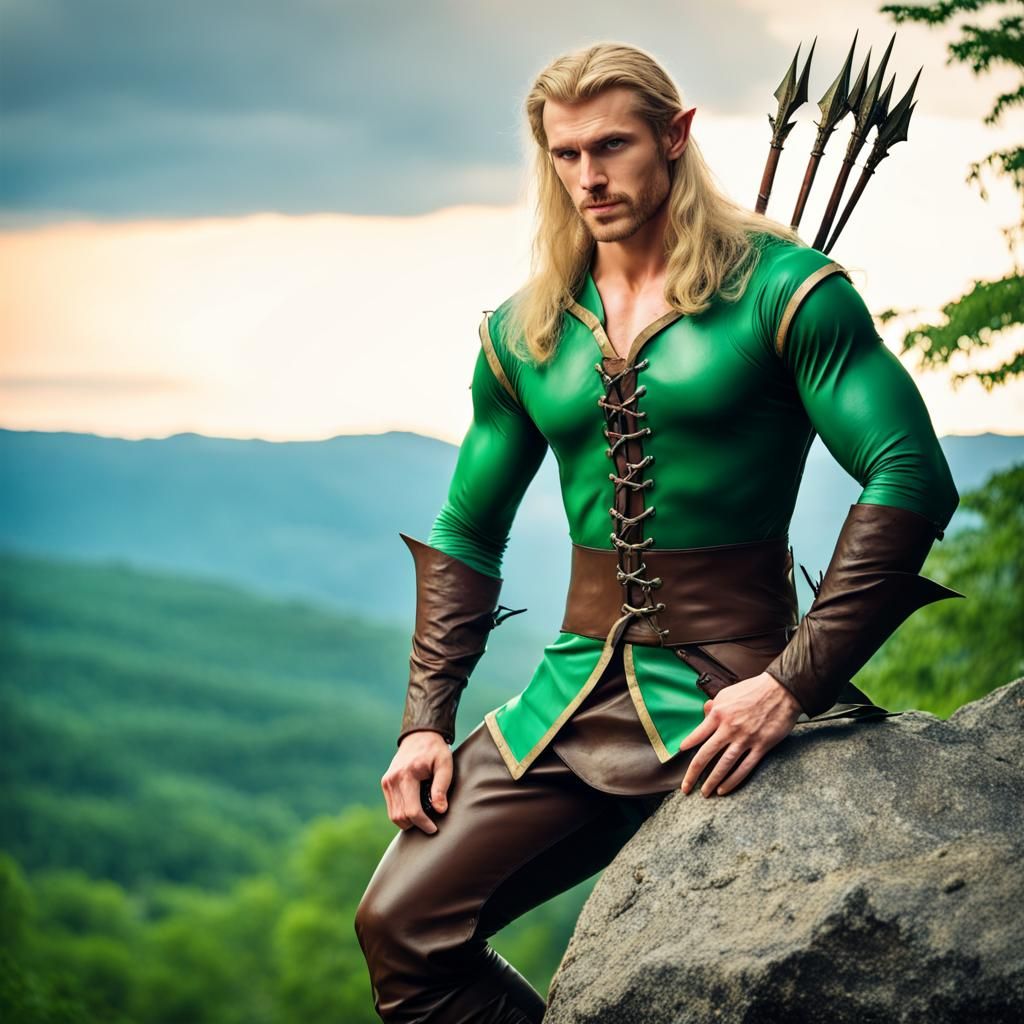 Muscular Elf Archer on Hill Overlooking Forest