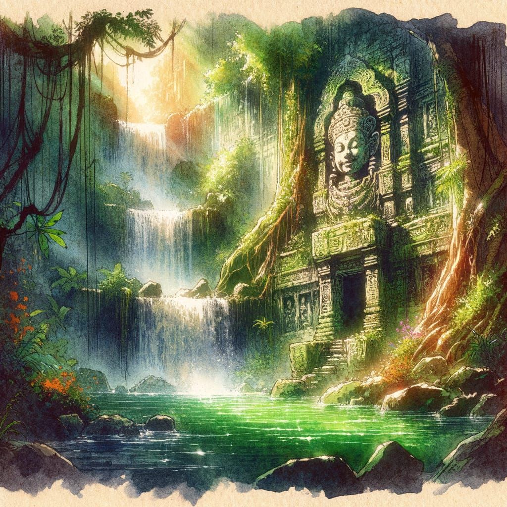 Overgrown Jungle Temple Waterfall in Watercolor Ink