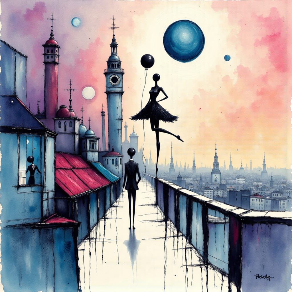 Ballerina Dancing on Rooftop in Surreal Aquarell Style