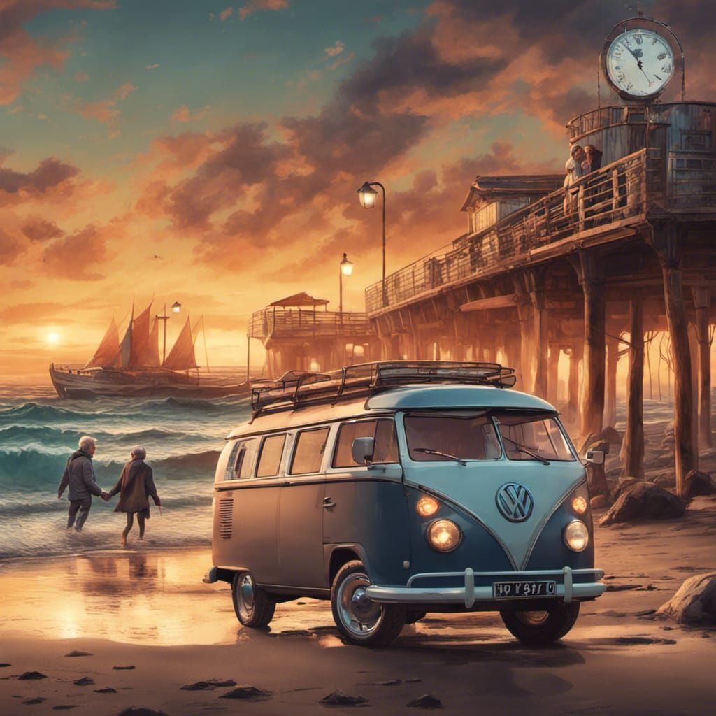 Volkswagen T1 Sunset Beach Scene: Detailed Matte Painting