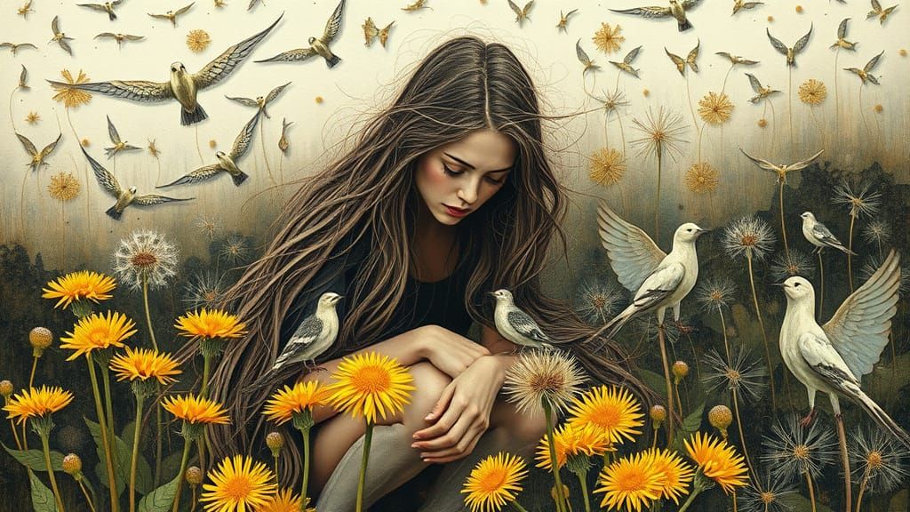 Woman Embodying Fortitude Among Vibrant Dandelions and Ether...