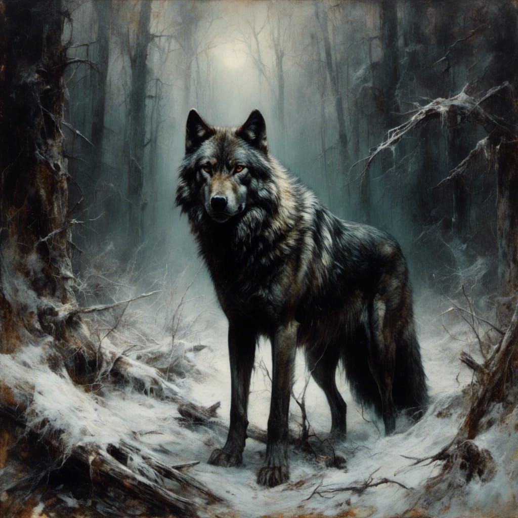 Gothic Wolf Portrait in Winter Forest