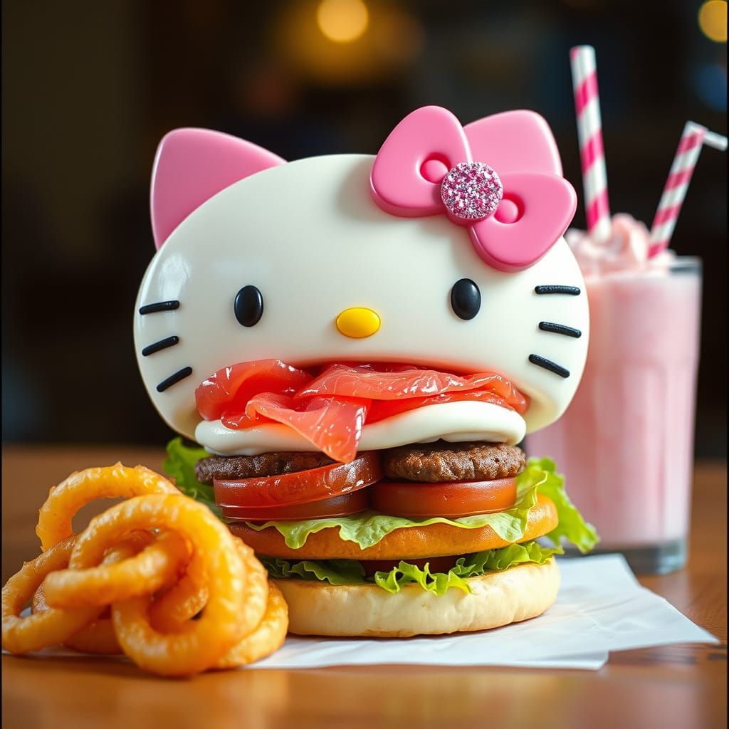 Hello Kitty Cheeseburger with Pink Tuna & Onion Rings