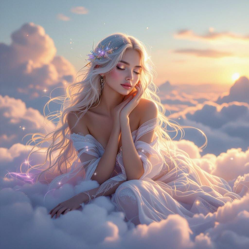 Ethereal Being Lianochka Rests on Cloud at Dawn