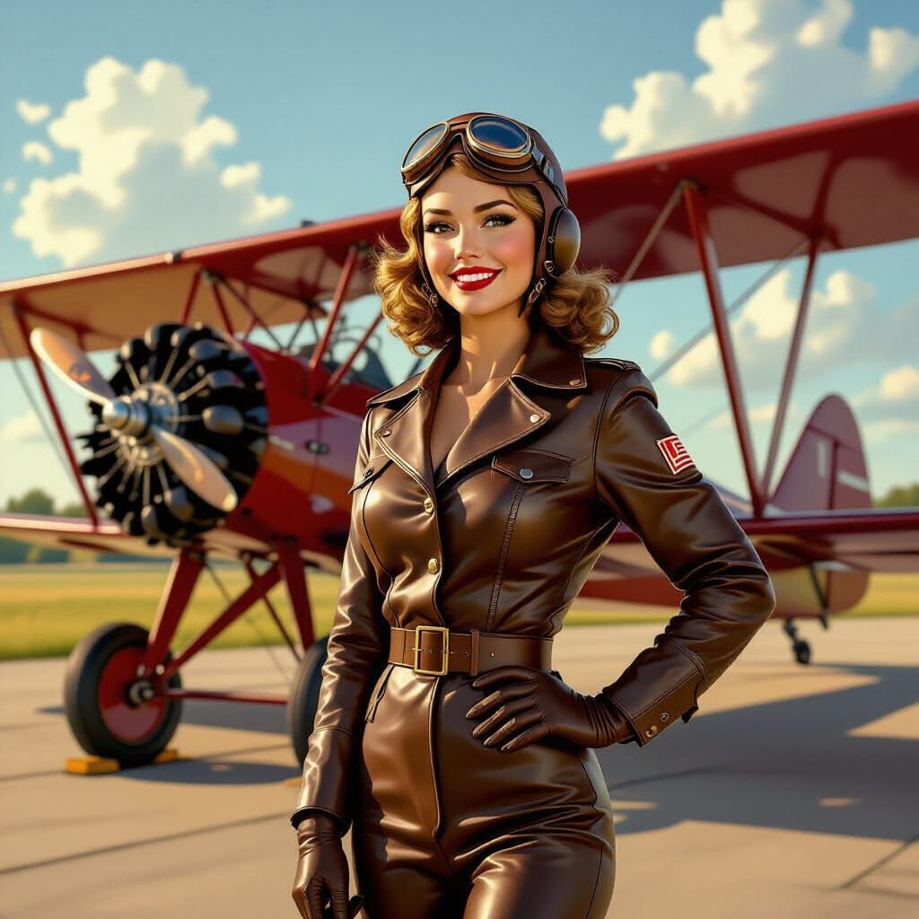 Vintage Pin-Up Aviator Girl with WW1 Biplane