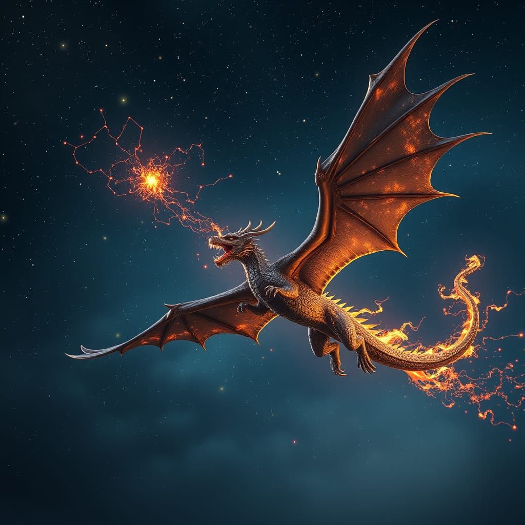 Majestic Dragon Soaring Through Starry Night Sky