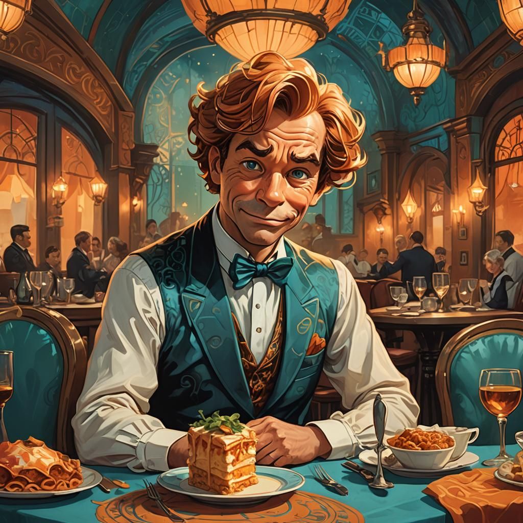 Garfield's Lasagna Date in Art Deco Restaurant