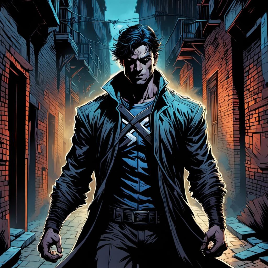 Dark Fantasy Hero in Shadowy Alley Comic Art