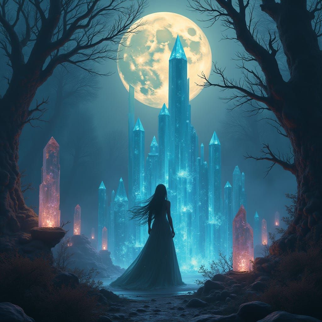 Mystical Woman Amidst Glowing Crystals in a Haunting Forest