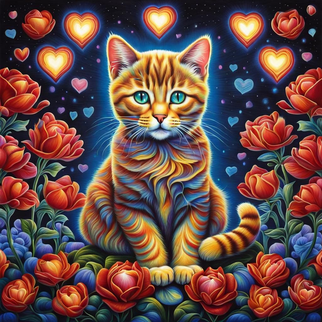 Cat Surrounded by Flowers in Visionary Art Style