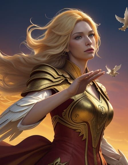 Woman Releasing Glowing Doves in Vibrant Oil Painting