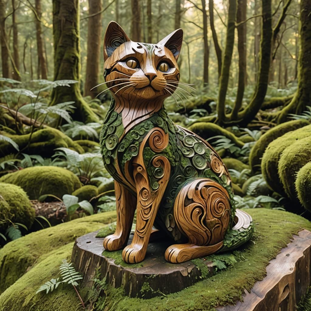Intricately Carved Wooden Cat Sculpture in Forest