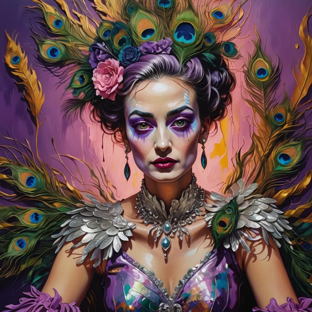 Surreal Woman with Peacock Feathers in Dreamy Oil Painting