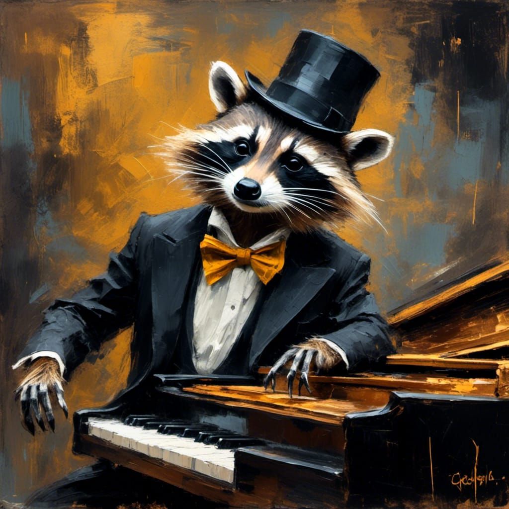 Racoon Plays Piano in Jazz Club: Oil Chalk Painting