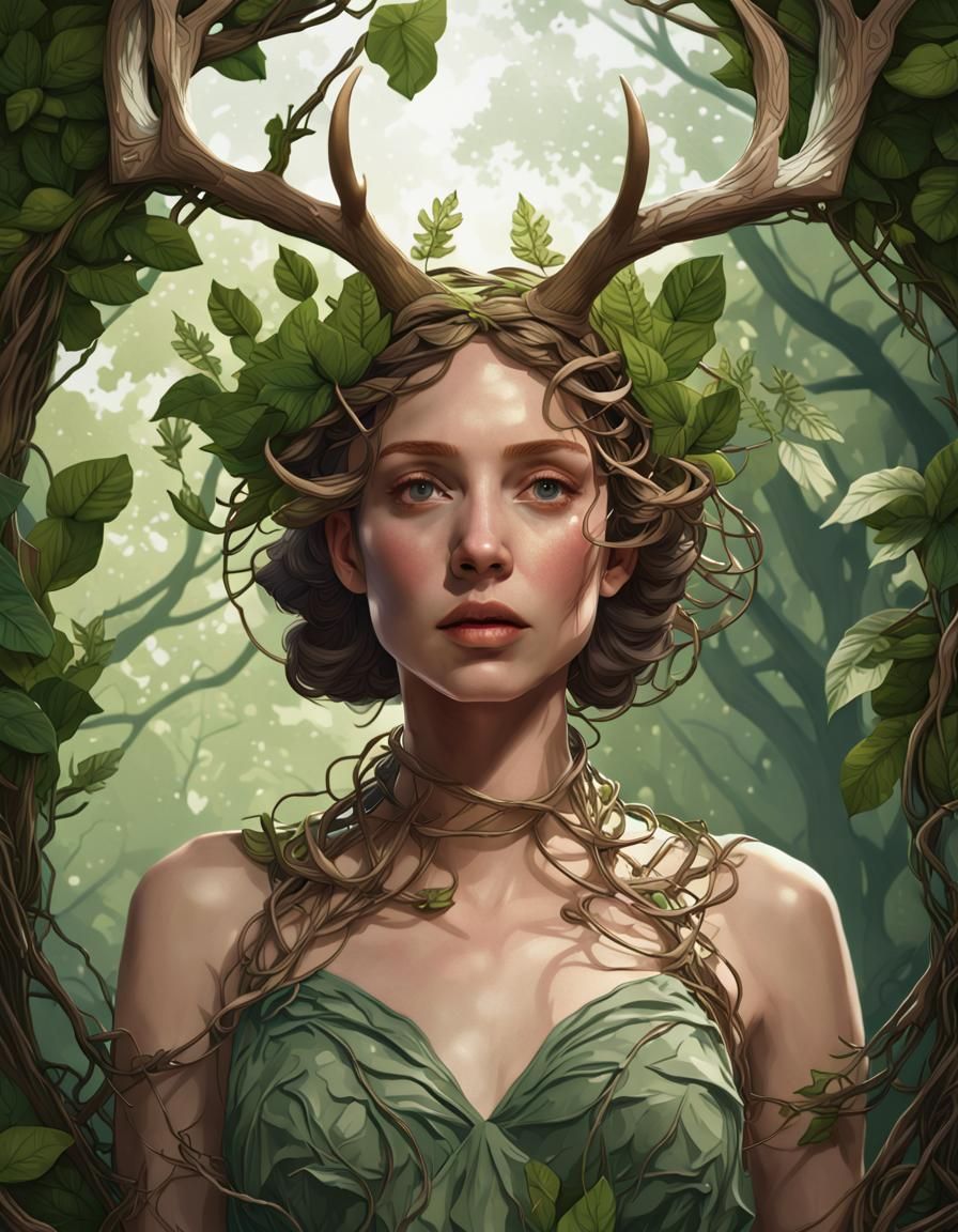 Antlered Woman in Jungle, Art Nouveau Portrait
