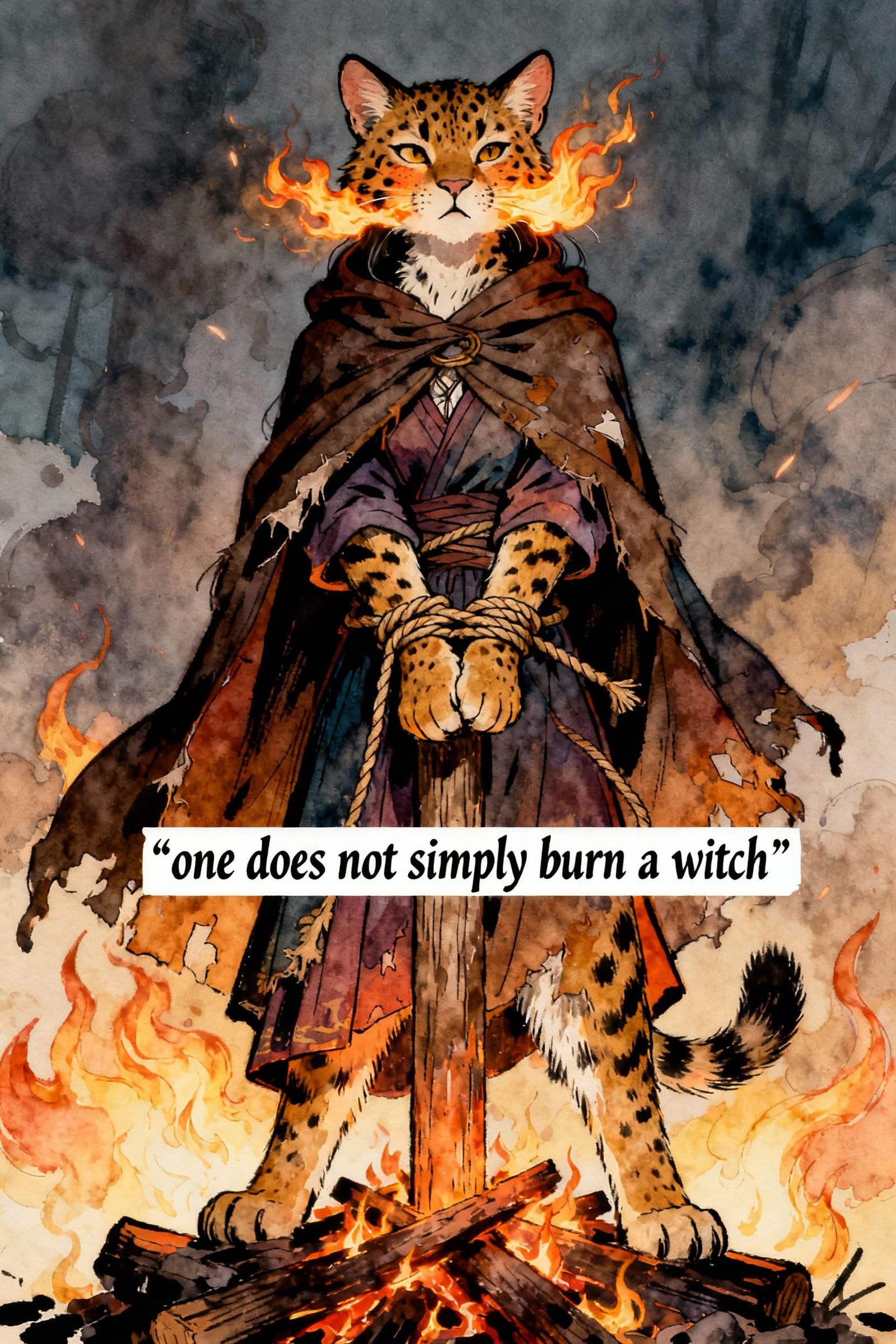 Furry Lynx Witch Defiant in Flames, Fantasy Art