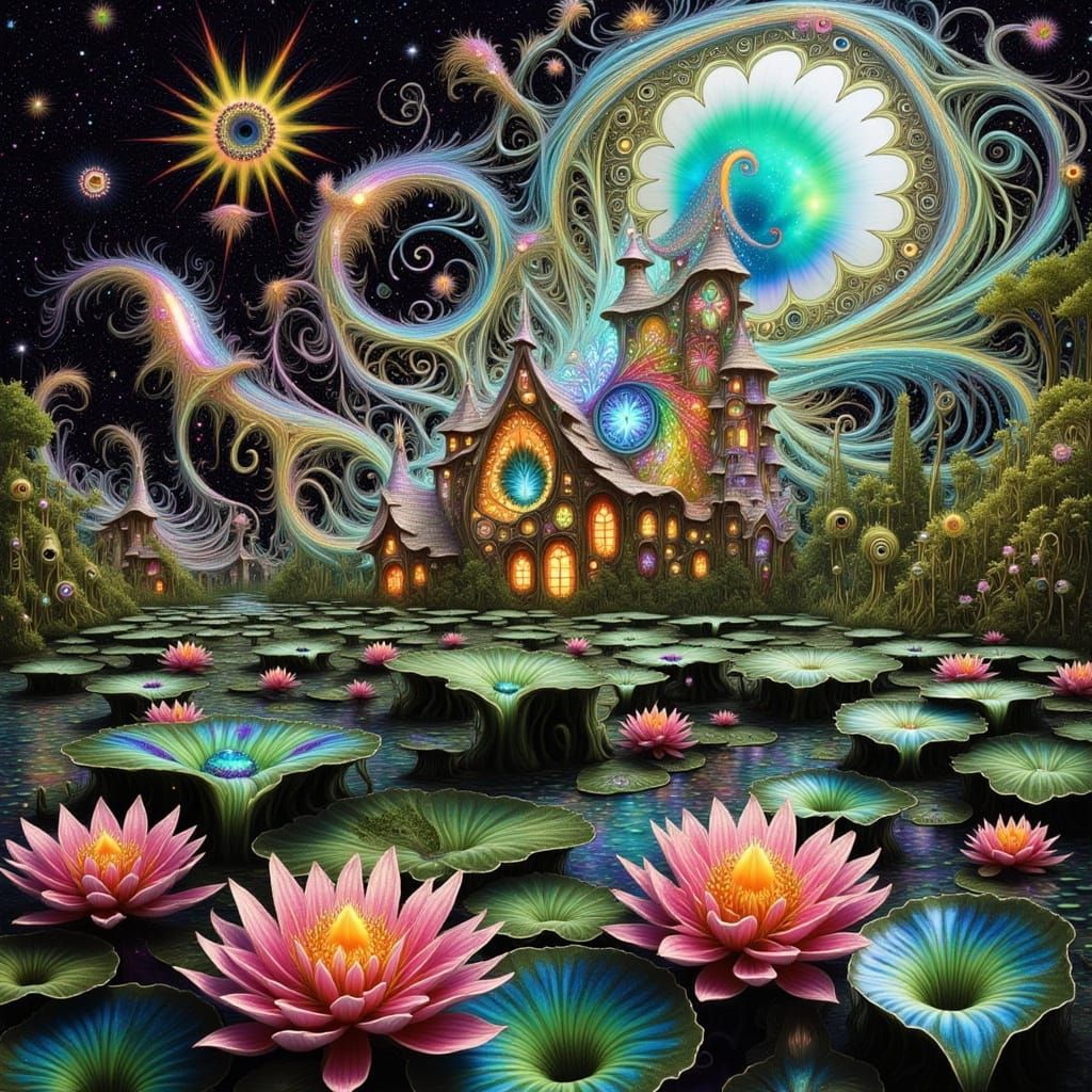 Crystal Eco Castle Amidst Iridescent Lake