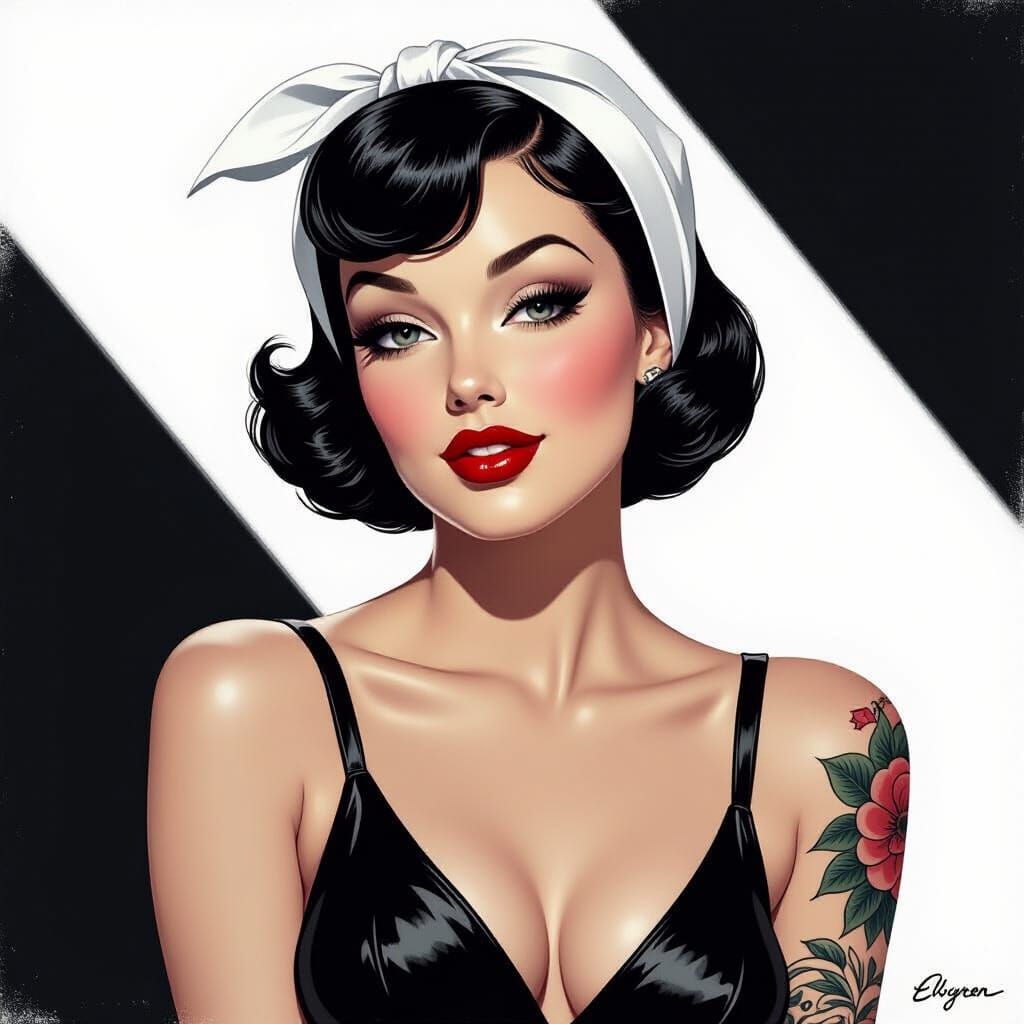 Glossy Black & White Pin-Up Girl Portrait in Retro Style