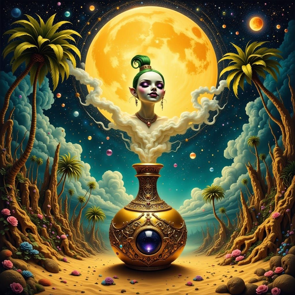 Mad Genie Emerges from Ornate Bottle Under Exotic Moon