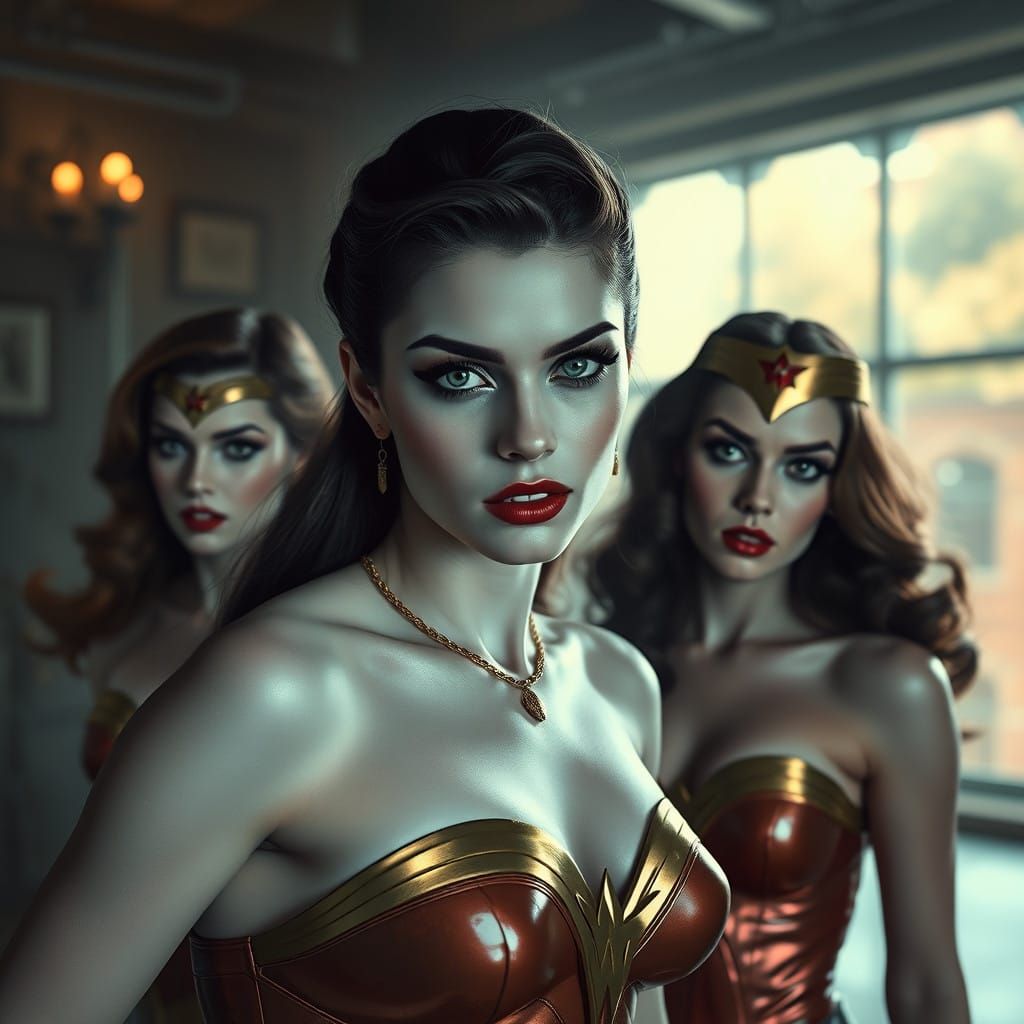 Skarlett, 1960's pin up girls, Pale skin, white shiny pantyhose, Wonder Woman, Smokey eyes