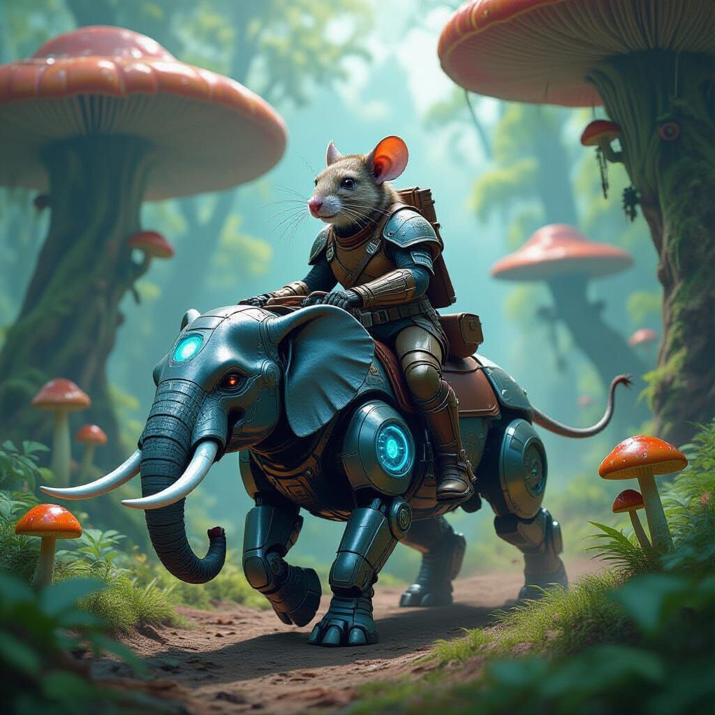 Rat Warrior Rides Robot Elephant Through Mushroom Forest