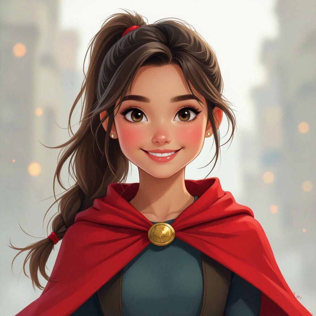 Girl with Red Cape and Ponytail, Smiling