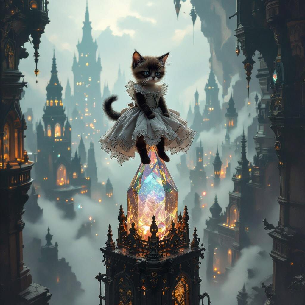 Victorian Kitten on Crystal Spire Overlooking City