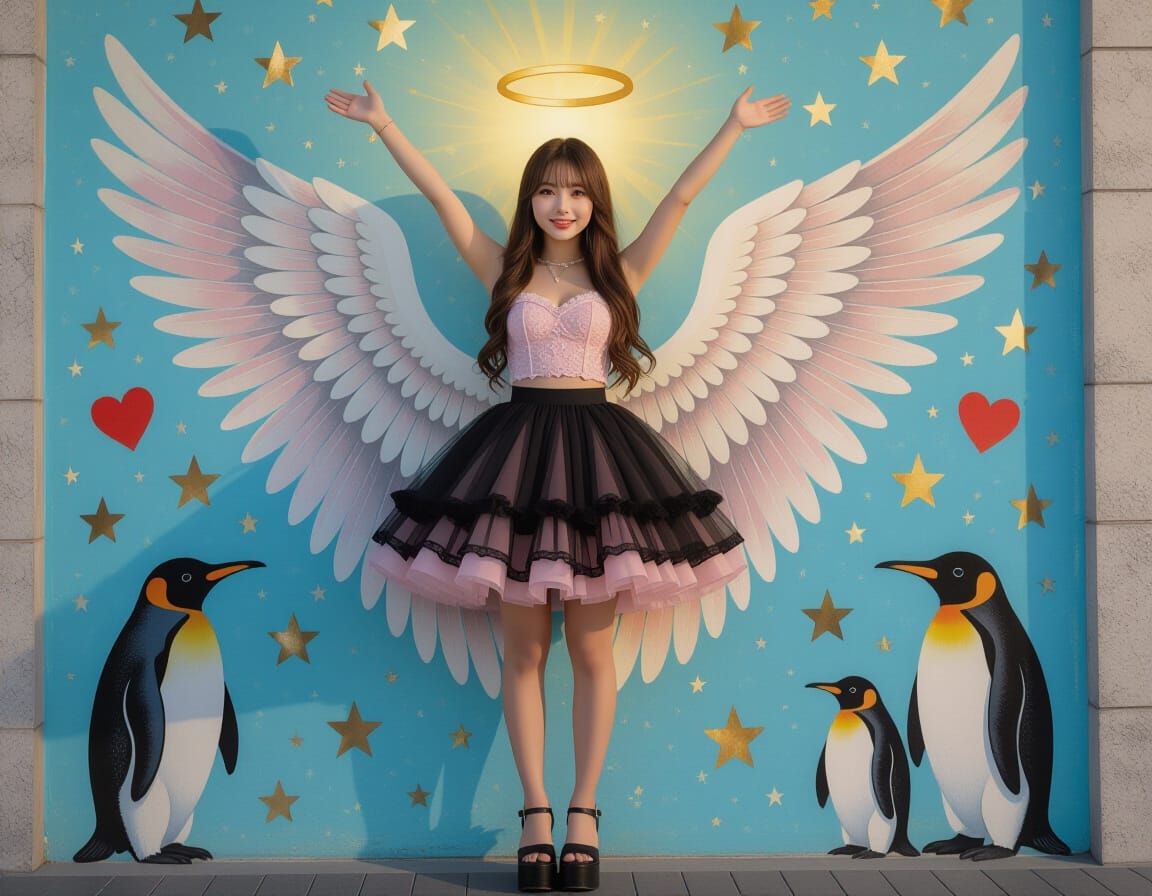 Korean Woman Posing with Angel Wings Mural