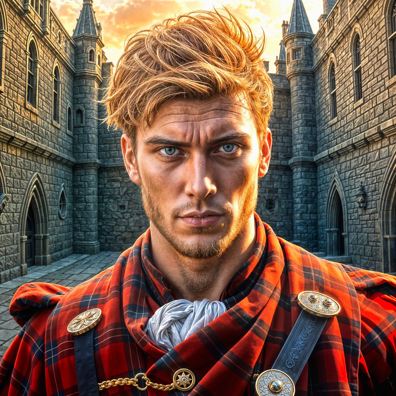 Dramatic Highland Warrior in Scottish Regalia