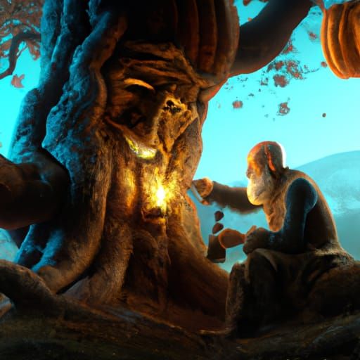 Old Man Carving Pumpkin in Tree: 8K Concept Art