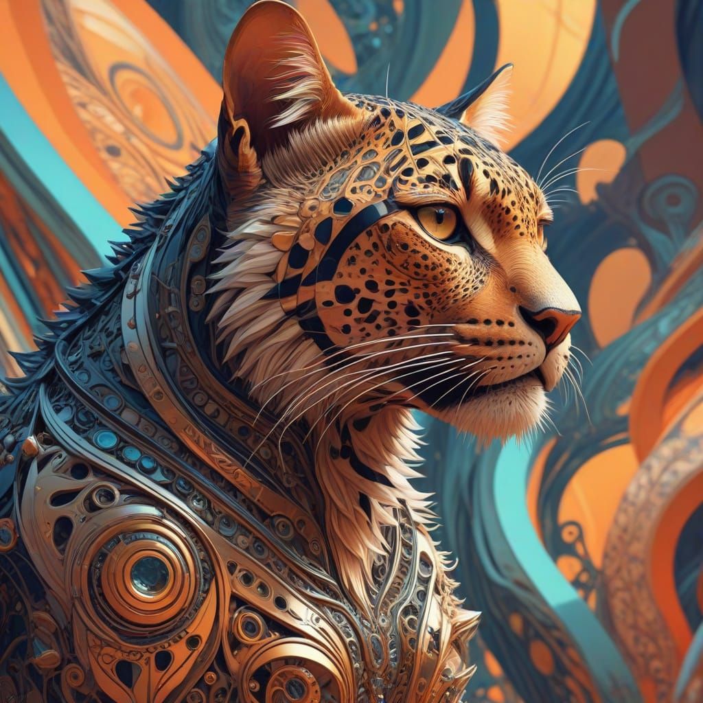 Surreal Feline Humanoid Emerges from Fractal Vortex