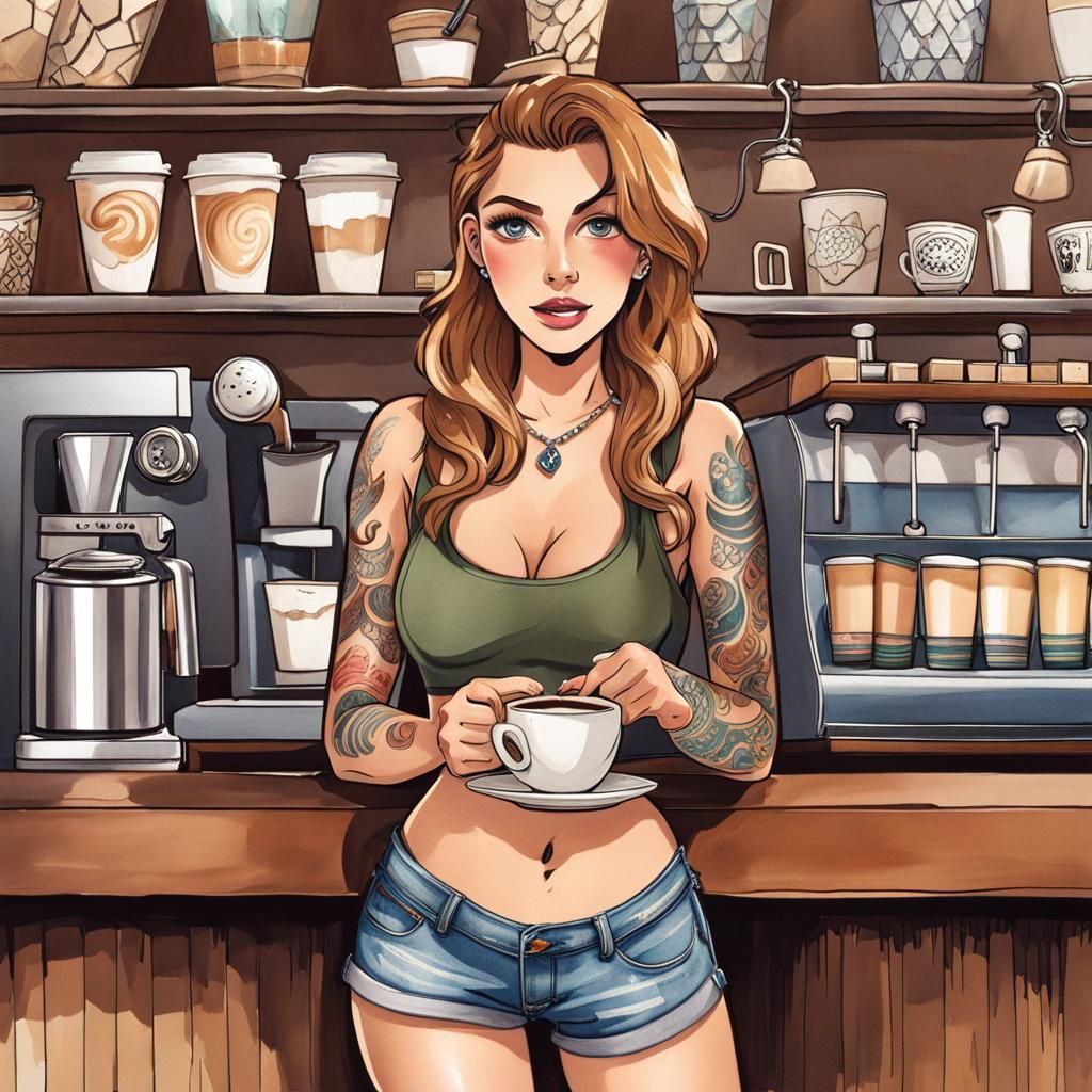 Watercolor Barista in Denim Serving Latte Art